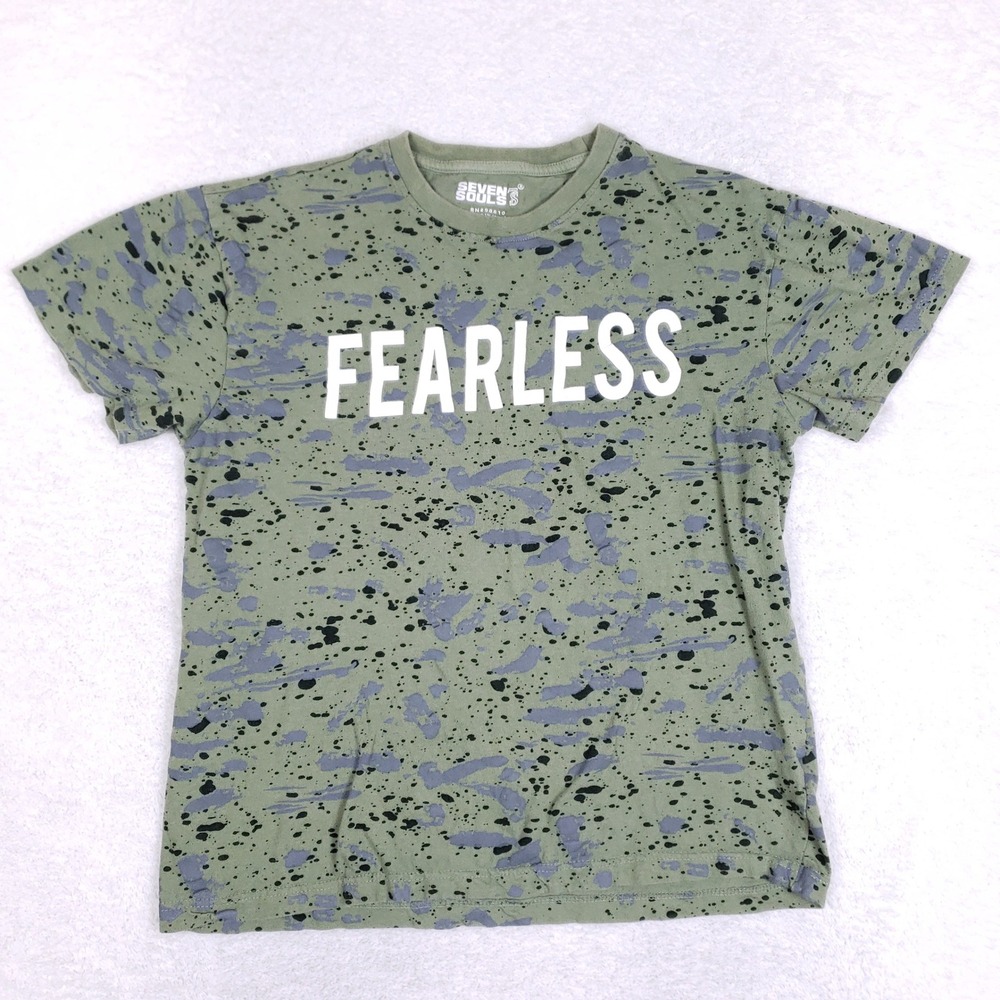 Seven Souls Mens Fearless Graphic Tee Olive Green‎ Paint Splatter Shirt Sz M